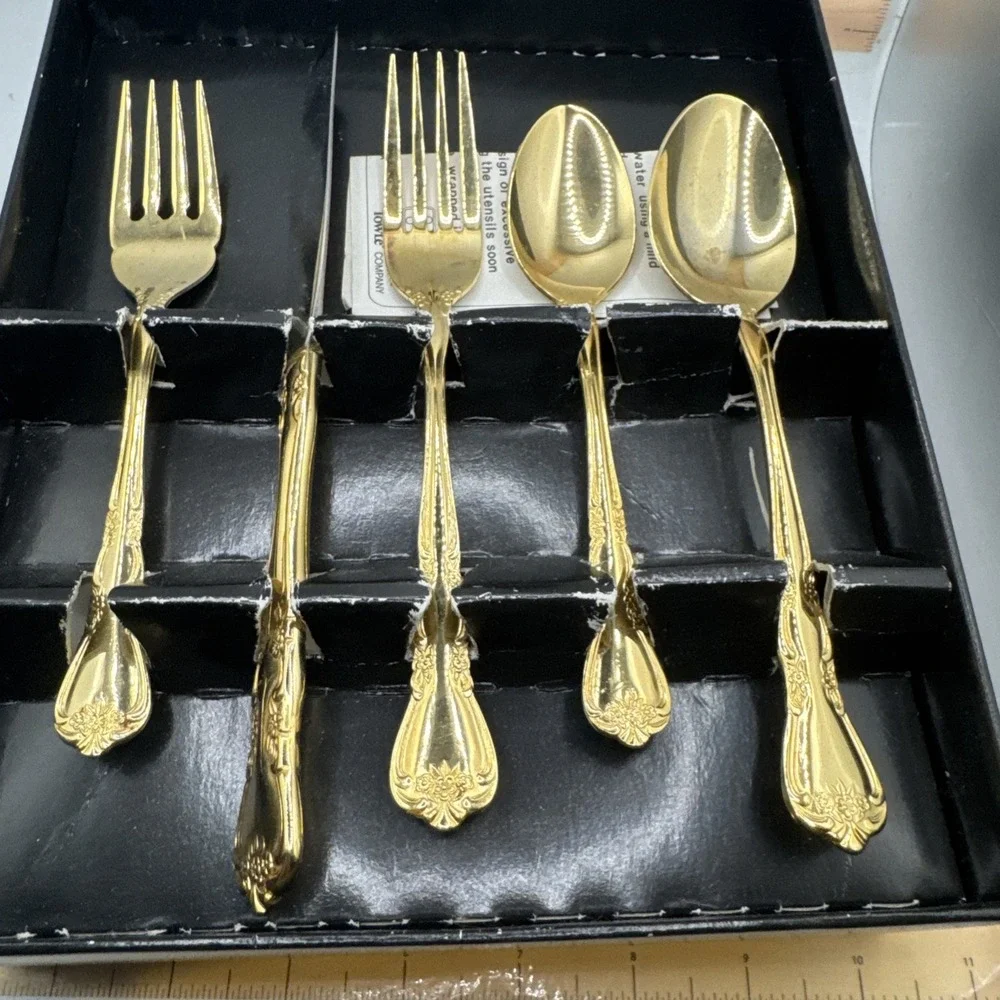 Oxford Hall Golden Collection Gold Rose‎ Flute Flatware Set - 23 Pieces